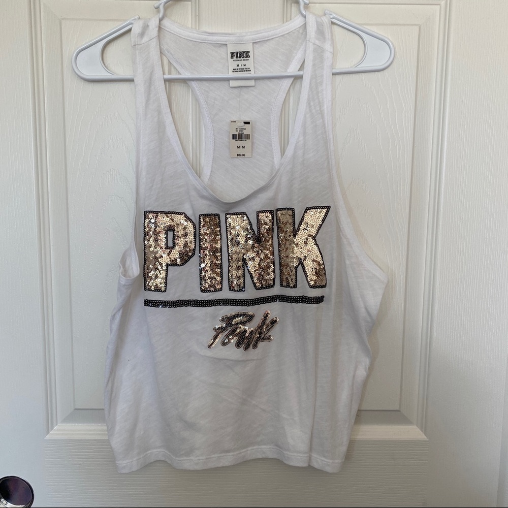 Victoria Secret PINK White Razorback Sequin Tank Top